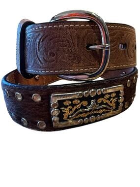 3D Youth Size 26 Western Tooled Leather & Calfhair Belt with Decorative Trim
